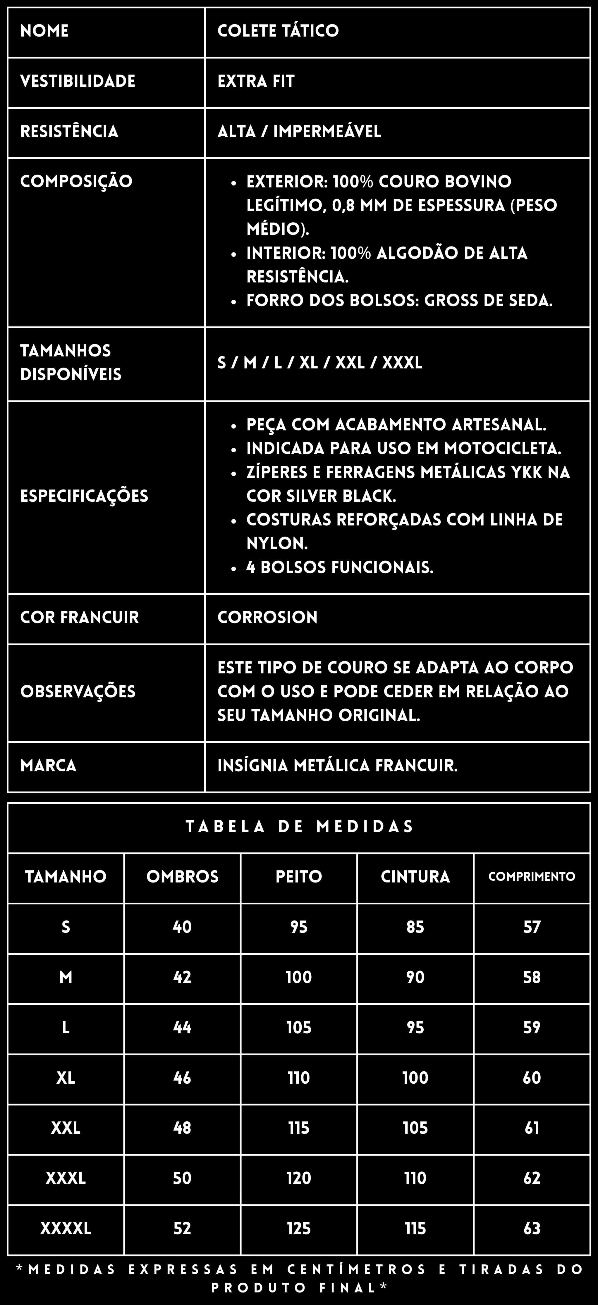 FICHA TÉCNICA — COLETE TÁTICO DE COURO CORROSION — FRANCUIR